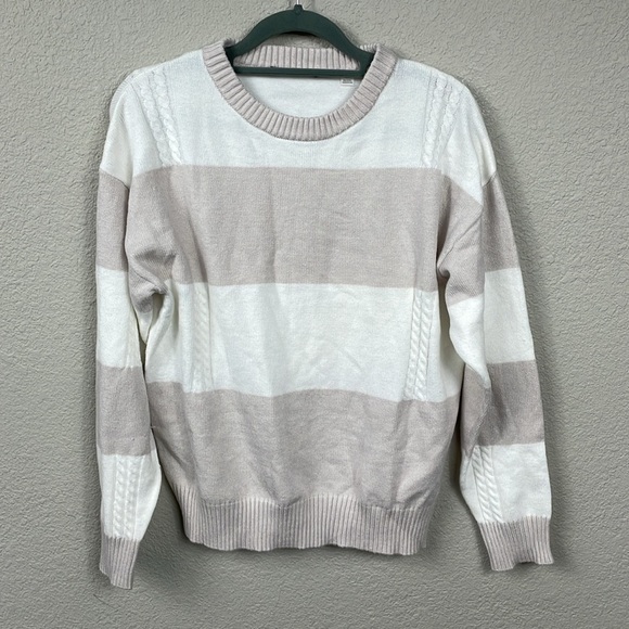 T Tahari Thick Stripe Colorblock Pullover Sweater White Beige Sz M - Picture 3 of 12